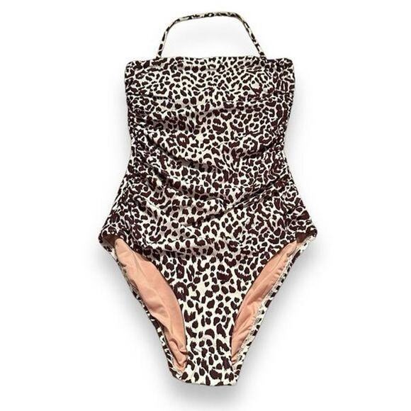 NWT J.Crew Leopard Print Bandeau Ruched One Piece Halter Swimsuit 0 Brown #2886 - Picture 2 of 12